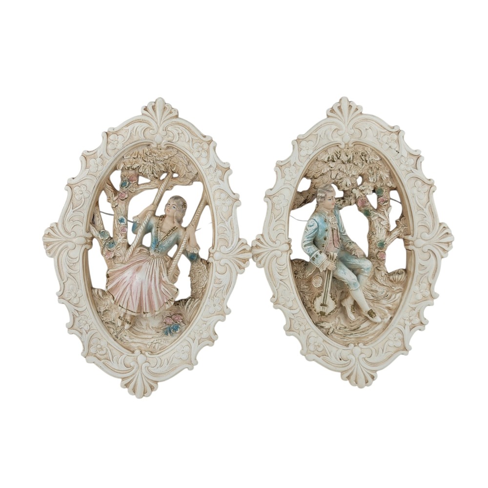 Vintage 1962 Jayess United Chicago Chalkware Wall Plaques Rococo Couple Set of 2